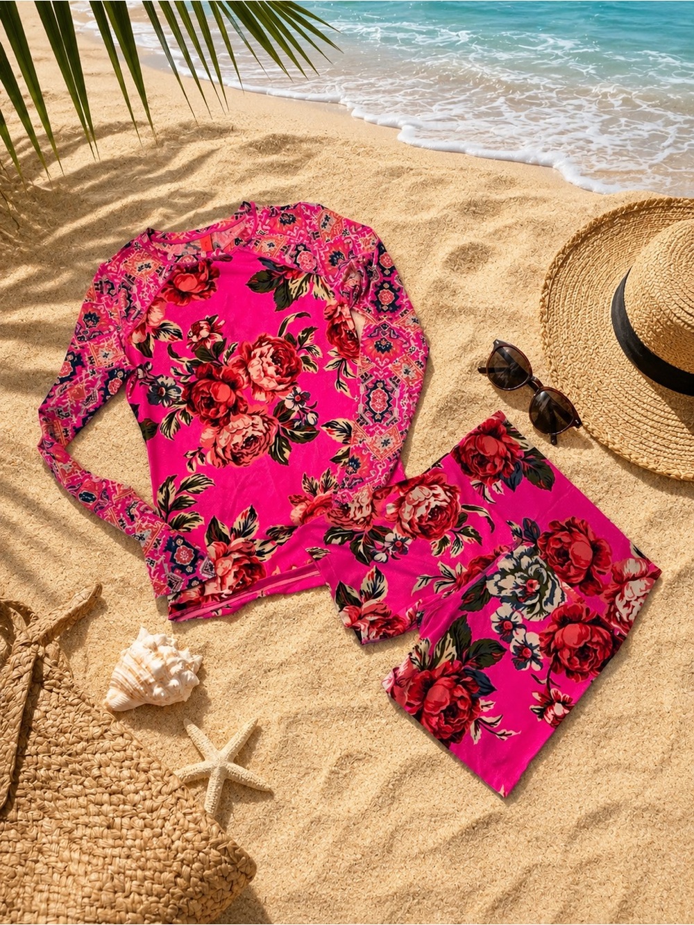Maaji NWOT Pink Floral Long Sleeve Rash Guard & Swim Shorts Set small